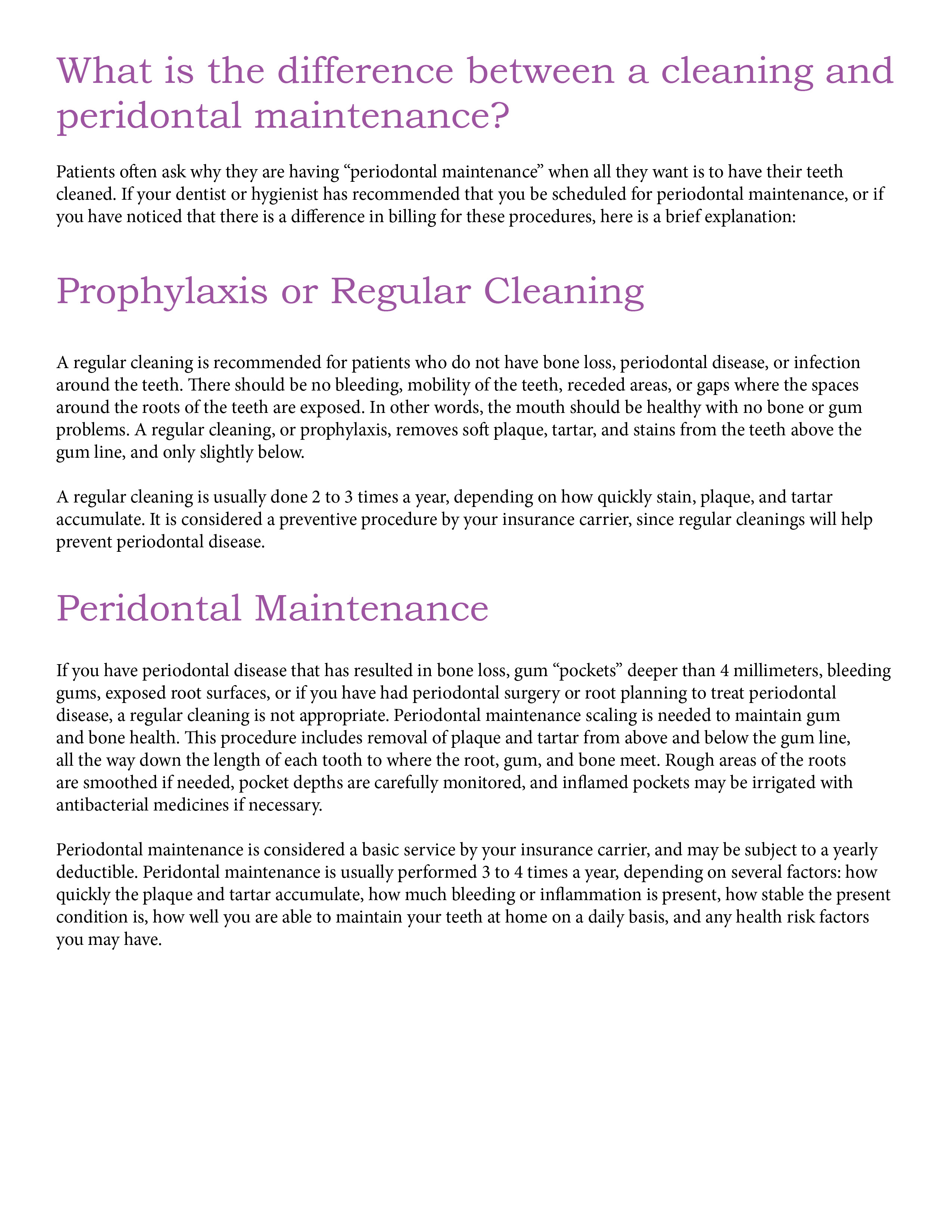 What is the difference between a cleaning and periodontal maintenance?